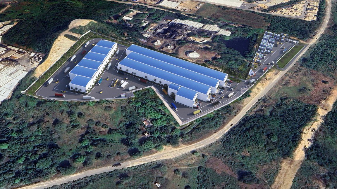 Vista aérea del complejo logístico SLI MAX con bodegas y patio de contenedores